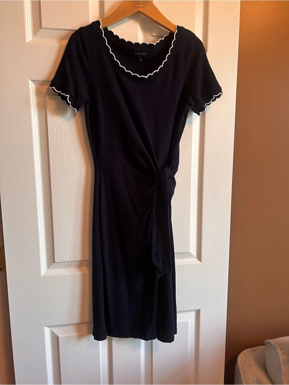 Talbots Navy Midi Dress with White Scallop Trim and Tie Waist
